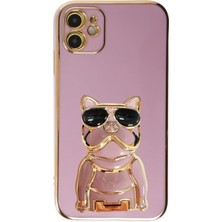 Dlrcase Apple iphone 11 Case Kılıf Kamera Korumalı Köpek Desenli Standlı Silikon Mor