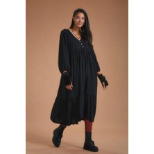 Los Banditos Kat Detaylı Balon Kol Uzun Elbise