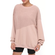 Fancy Kadın Bisiklet Yaka Garnili Sırt Detaylı Oversize Tarz Sweatshirt Çikolata