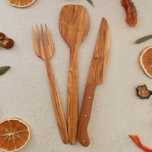 Artful Wooden Ahşap Tahta Servis, Sunum Spatula, Bıçak, ve Çatal Seti - El Yapımı - Zeytin Ağacı