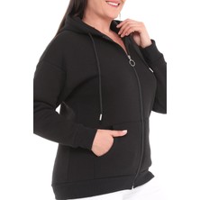 Ebsumu Kadın Büyük Beden Şardonlu Fermuarlı Kalın Siyah Sweatshirt