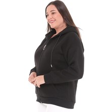 Ebsumu Kadın Büyük Beden Şardonlu Fermuarlı Kalın Siyah Sweatshirt