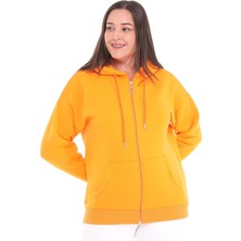 Ebsumu Kadın Büyük Beden Şardonlu Fermuarlı Kalın Turuncu Sweatshirt