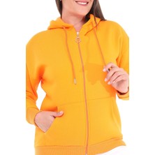 Ebsumu Kadın Büyük Beden Şardonlu Fermuarlı Kalın Turuncu Sweatshirt