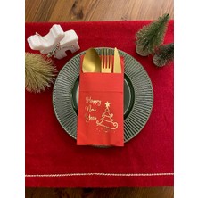 Gold Yaldızlı Kırmızı Happy New Year Çam Ağacı Cepli Peçete 12 Lı 40X40