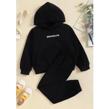 KİDS FACE Özel Tasarım Kapüşonlu Brooklyn Baskılı Tam Kışlık %100 Pamuk Kız Çocuk Eşofman Takımı