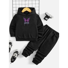 KİDS FACE Özel Tasarım Kapüşonlu Dreams Mor Kelebek  Baskılı  Tam Kışlık %100 Pamuk Kız Çocuk Eşofman Takımı