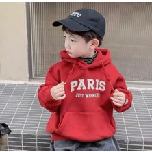Kids Face Özel Tasarım Kapüşonlu Paris Baskılı 3 Iplik Şardonlu %100 Pamuk Oversize Erkek Çocuk Sweatshırt