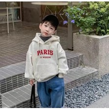 Kids Face Özel Tasarım Kapüşonlu Paris Baskılı 3 Iplik Tam Kışlık %100 Pamuk Erkek Çocuk Sweatshırt