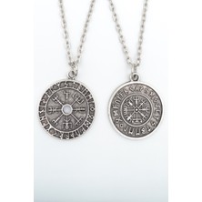 2'li Viking Pusula - Viking Sembolleri  Gümüş Kaplama Unisex Düz Zincir Kolye Seti kod 1060