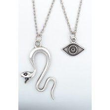2'li Yılan  - Minimal Göz  Gümüş Kaplama Unisex Düz Zincir Kolye Seti kod 1017