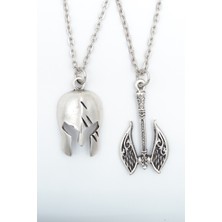 2'li Çift Taraflı Balta - Gladyatör Miğfer  Gümüş Kaplama Unisex Düz Zincir Kolye Seti kod 1047