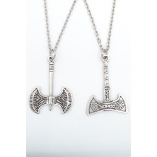 2'li Viking Balta - Çift Taraflı Balta  Gümüş Kaplama Unisex Düz Zincir Kolye Seti kod 1073