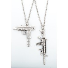 2'li Uzi - M4   Gümüş Kaplama Unisex Düz Zincir Kolye Seti kod 1082