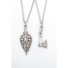 2'li Viking Balta - Viking Kalkan  Gümüş Kaplama Unisex Düz Zincir Kolye Seti kod 1010