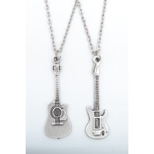 2'li Elektro Gitar - Akustik Gitar  Gümüş Kaplama Unisex Düz Zincir Kolye Seti kod 1079