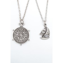 Had Safha Accessories 2'li Yelkenli Gemi - Gemici Pusula Kolye Seti