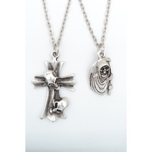 2'li Kuru Kafa Haç - Orak Azrail  Gümüş Kaplama Unisex Düz Zincir Kolye Seti kod 1042