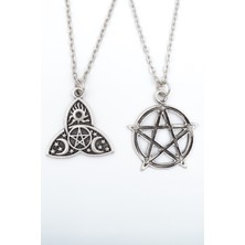 2'li Pentagram - Triquetra Güneş Ay Yıldız  Gümüş Kaplama Unisex Düz Zincir Kolye Seti kod 973