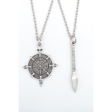 2'li Viking Pusula - Mızrak  Gümüş Kaplama Unisex Düz Zincir Kolye Seti kod 1035