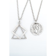 2'li Sezar Sikke -Üçgen Kare Geometrik  Gümüş Kaplama Unisex Düz Zincir Kolye Seti kod 1018