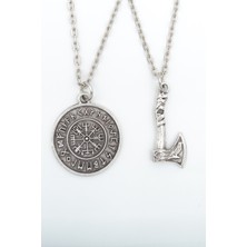 2'li Viking Pusula - Viking Balta  Gümüş Kaplama Unisex Düz Zincir Kolye Seti kod 1037