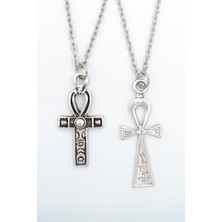 2'li Ankh Anahtarı - Nil'in Anahtarı  Gümüş Kaplama Unisex Düz Zincir Kolye Seti kod 974