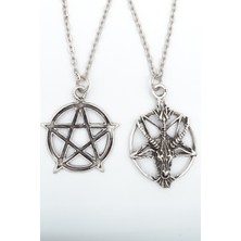 2'li Ters Pentagram Keçi Kafası - Wicca  Gümüş Kaplama Unisex Düz Zincir Kolye Seti kod 987