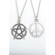 2'li Pentagram Wicca - Barış İşareti Peace  Gümüş Kaplama Unisex Düz Zincir Kolye Seti kod 972
