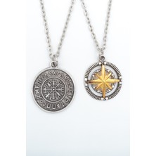 2'li Pusula Kutup Yıldızlı - Viking Pusula  Gümüş Kaplama Unisex Düz Zincir Kolye Seti kod 982