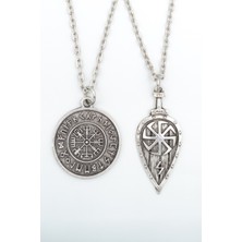 2'li Viking Pusula - Viking Kalkan  Gümüş Kaplama Unisex Düz Zincir Kolye Seti kod 1036