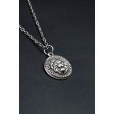 Minimal Aslan Madalyon  Gümüş Kaplama Unisex Düz Zincir Kolye kod 735