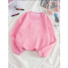Trendseninle Kadın Pembe Düz Bisiklet Yaka Sweatshirt