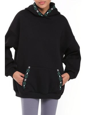 Fancy Kadın Kapüşonlu İçi Pamuklu Yumuşacık Nakış Detaylı Oversize Kalın Sweatshirt