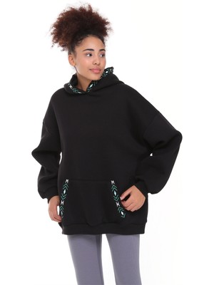 Fancy Kadın Kapüşonlu İçi Pamuklu Yumuşacık Nakış Detaylı Oversize Kalın Sweatshirt