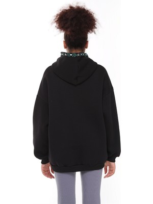 Fancy Kadın Kapüşonlu İçi Pamuklu Yumuşacık Nakış Detaylı Oversize Kalın Sweatshirt