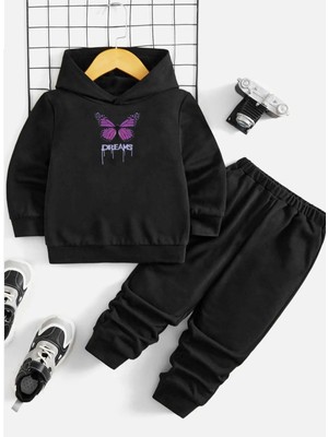 KİDS FACE Özel Tasarım Kapüşonlu Dreams Mor Kelebek  Baskılı  Tam Kışlık %100 Pamuk Kız Çocuk Eşofman Takımı