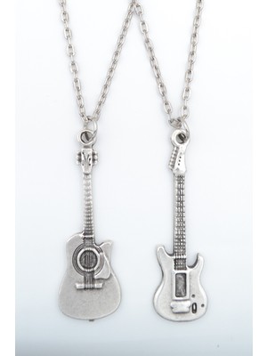 2'li Elektro Gitar - Akustik Gitar  Gümüş Kaplama Unisex Düz Zincir Kolye Seti kod 1079
