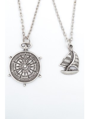 Had Safha Accessories 2'li Yelkenli Gemi - Gemici Pusula Kolye Seti