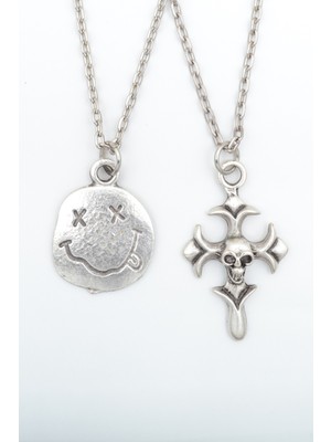 2'li Nirvana Smile - Kuru Kafa Haç  Gümüş Kaplama Unisex Düz Zincir Kolye Seti kod 979