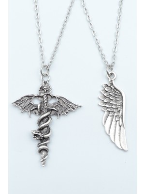 2'li Kılıç Yarasa Yılan Büyük Kanat  Gümüş Kaplama Unisex Düz Zincir Kolye Seti kod 1092