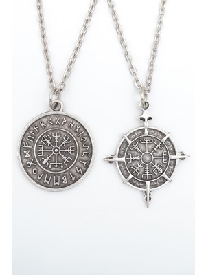2'li Viking Pusula  Gümüş Kaplama Unisex Düz Zincir Kolye Seti kod 1009