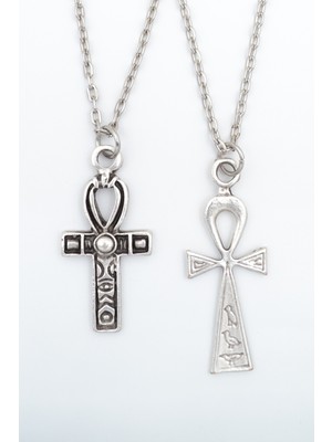 2'li Ankh Anahtarı - Nil'in Anahtarı  Gümüş Kaplama Unisex Düz Zincir Kolye Seti kod 974