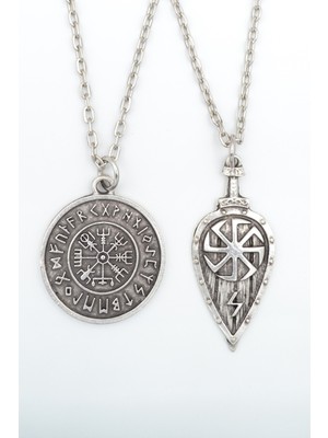 2'li Viking Pusula - Viking Kalkan  Gümüş Kaplama Unisex Düz Zincir Kolye Seti kod 1036