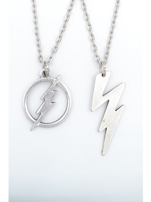 2'li The Flash - Şimşek  Gümüş Kaplama Unisex Düz Zincir Kolye Seti kod 1027