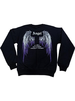 İrem Çocuk Giyim Kız Çocuk Önü Angel Yazı Desenli Sırtı Melek Kanatlı Siyah Sweatshirt