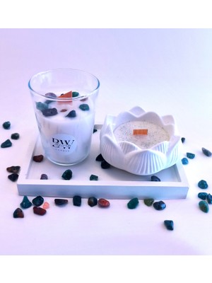 Black And White Candle Bwc Karışık Doğal Taşlı ve Dekoratif Beyaz Lotus Çiçeği Mum Seti-Koku ve Renk Seçenekli