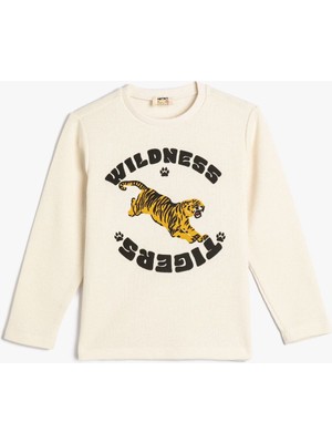 Koton Koton Erkek Çocuk Bisiklet Yaka Kaplan Baskılı Dokulu Uzun Kollu Tişört 4WKB10330TK