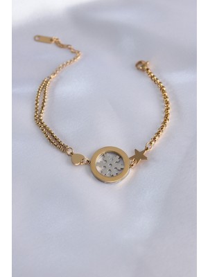 Clariss 316L Çelik Gold Renk Gümüş Kutup Yıldız Model Kalp Yıldız Detay Kadın Bileklik