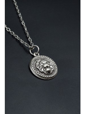 Minimal Aslan Madalyon  Gümüş Kaplama Unisex Düz Zincir Kolye kod 735